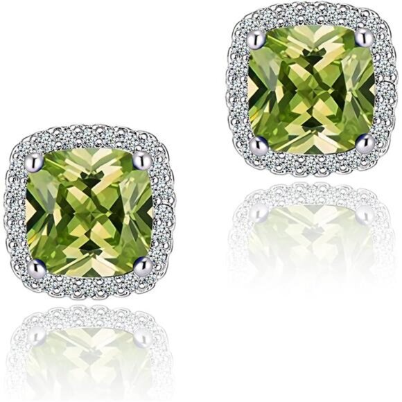 Peridot Halo Stud Earrings Cubic Zirconia Birthstone Simulated Diamond Jewelry - Picture 1 of 7